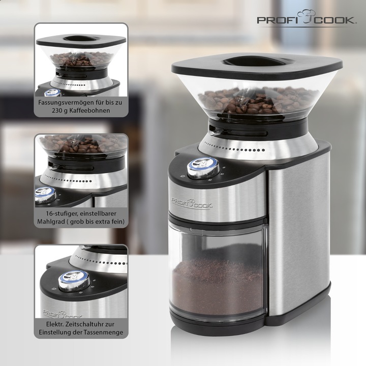 Електрическа кафемелачка ProfiCook, PC-EKM 1205, 200 W, 230 g, 16 степени на смилане, таймер, лесно почистване, модерен дизайн, неръждаема стомана, черна
