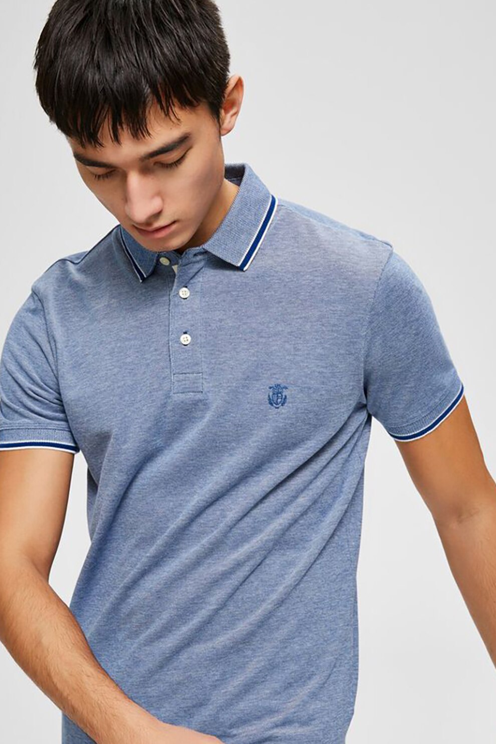 Selected Homme, Tricou polo din bumbac organic pique, Bleu melange