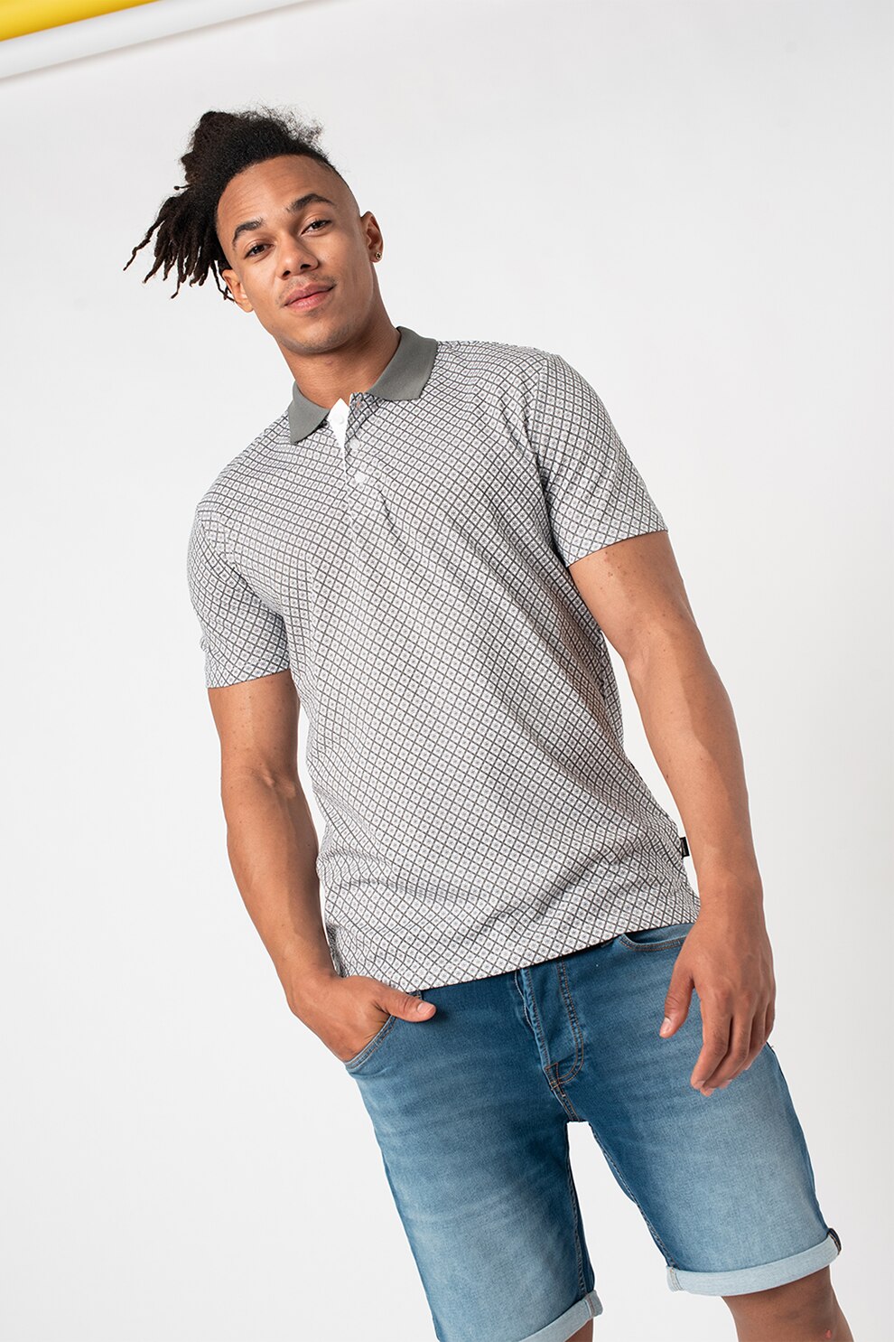 Jack&Jones, Tricou polo din bumbac cu imprimeu, Alb/verde