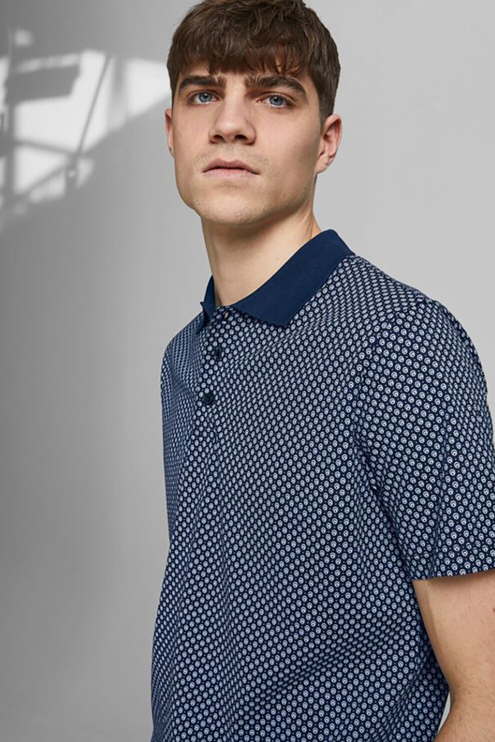 Jack&Jones, Tricou polo din bumbac cu imprimeu, Bleumarin/Alb