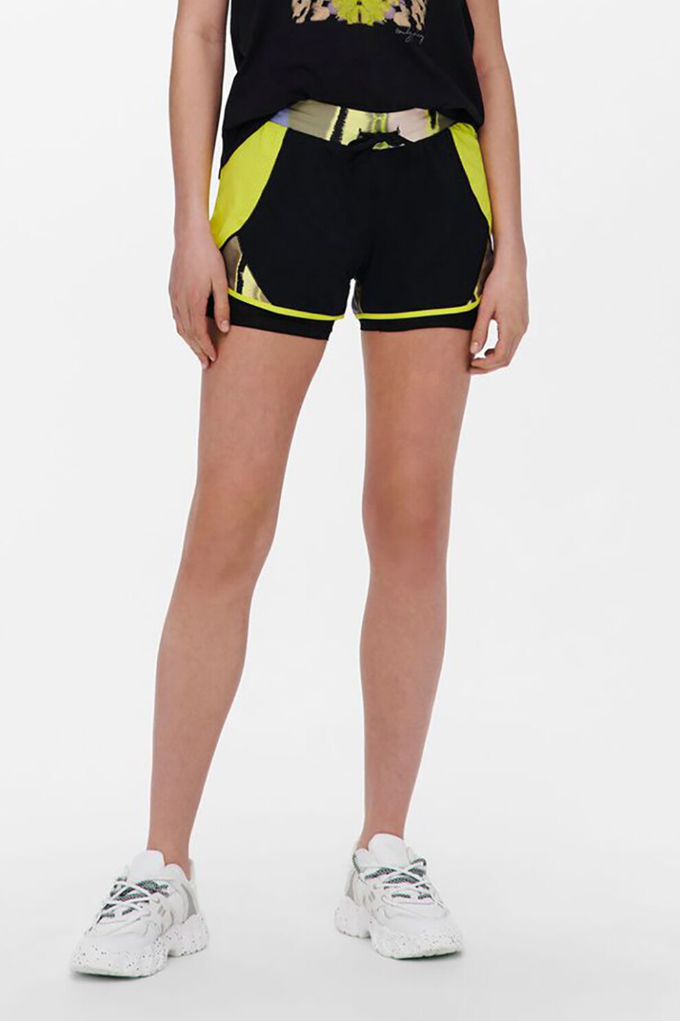 Only Play, Pantaloni scurti de compresie cu insertii din plasa, Gri inchis/Verde neon, L