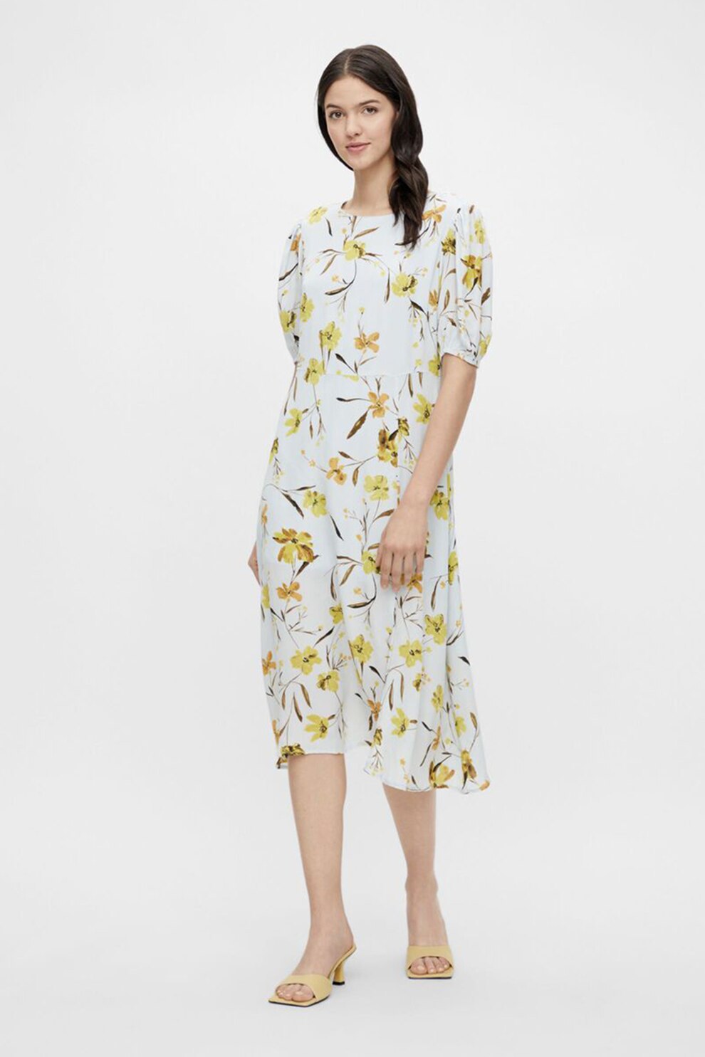 Pieces, Rochie midi cu imprimeu floral, Alb/Galben/Maro