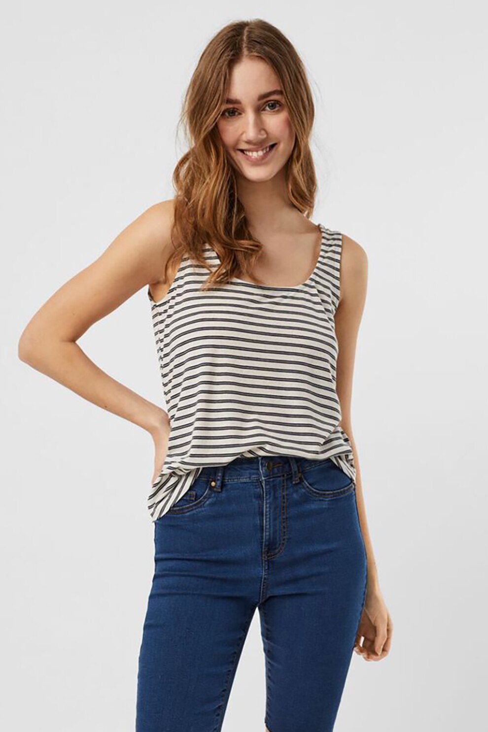 Vero Moda, Top relaxed fit din amestec de in, cu decolteu adanc Lona, Gri melange/Bleumarin