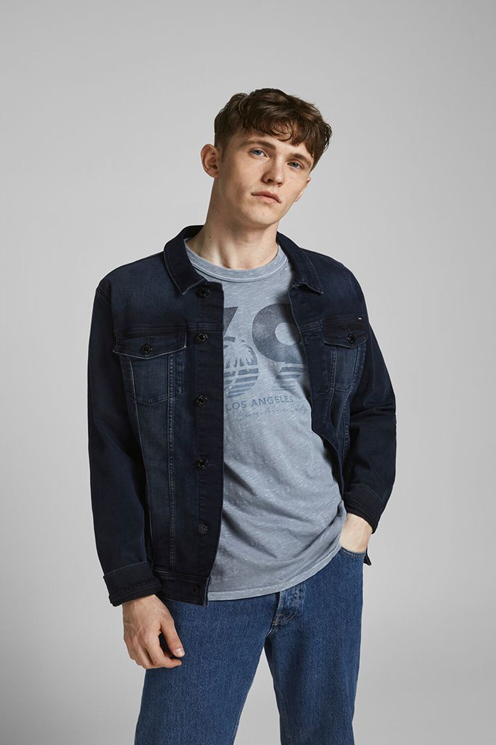 Jack&Jones, Tricou cu decolteu la baza gatului si imprimeu, Albastru prafuit