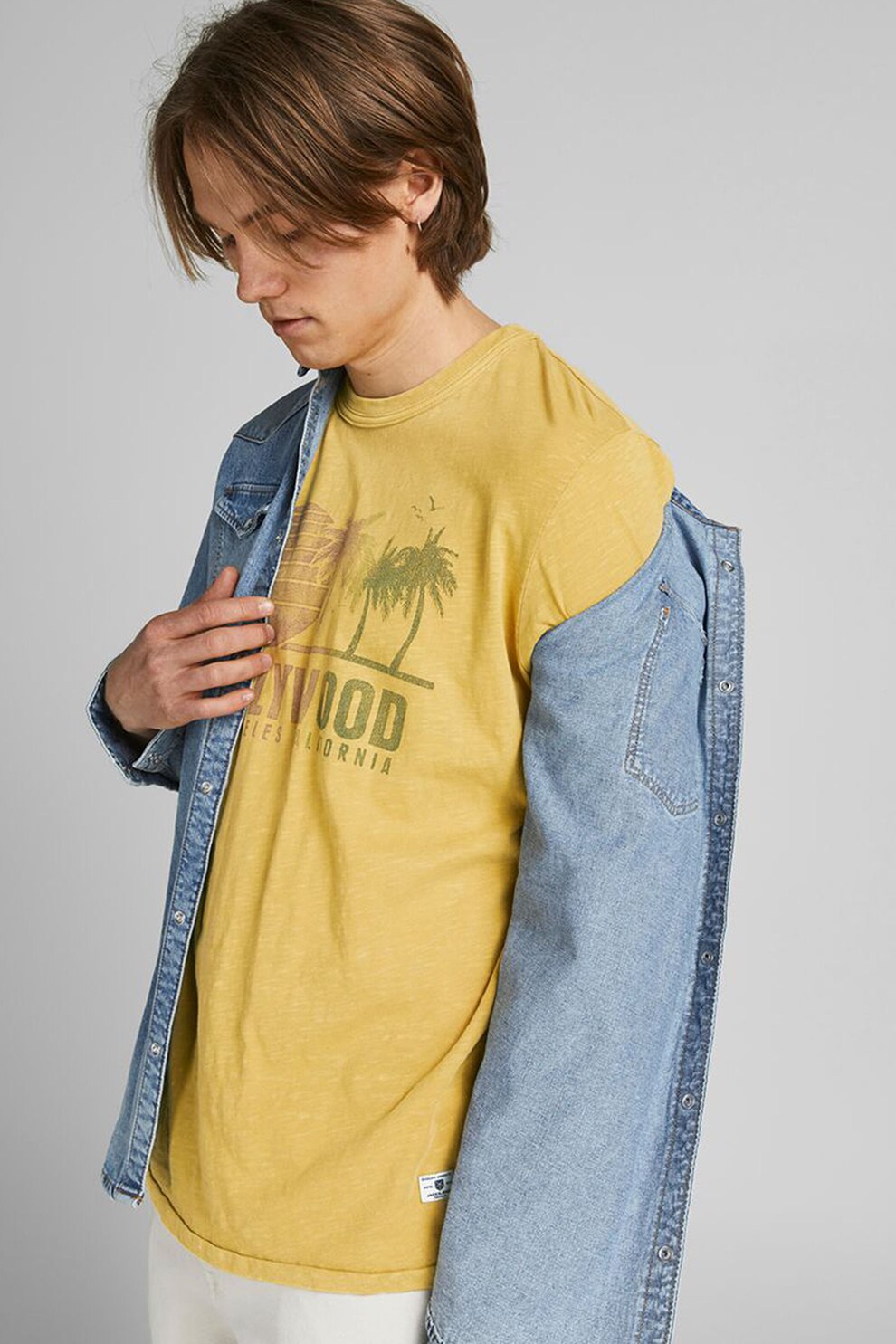 Jack&Jones, Tricou cu decolteu la baza gatului si imprimeu, Galben
