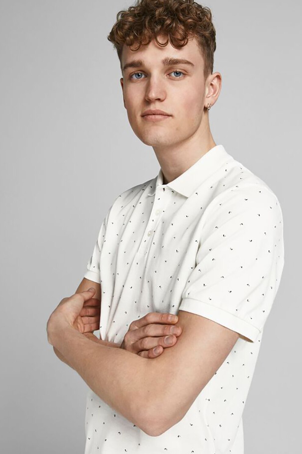 Jack&Jones, Tricou polo din material pique cu imprimeu grafic, Alb