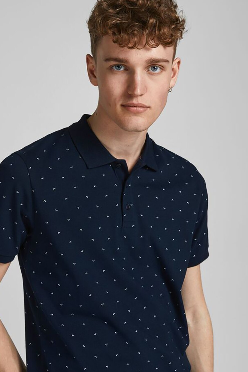 Jack&Jones, Tricou polo din material pique cu imprimeu grafic, Bleumarin