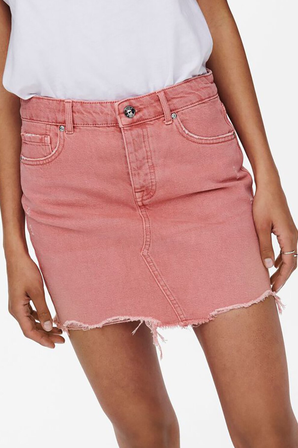 Only, Fusta cambrata din denim cu terminatie cu aspect deteriorat, Roz