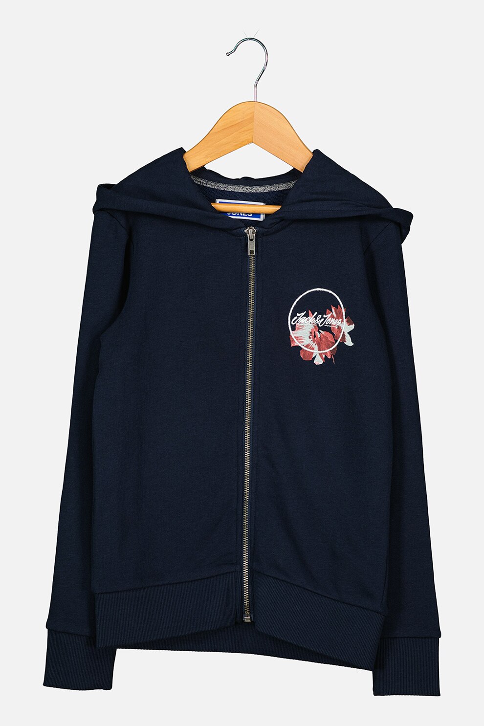 Jack&Jones, Hanorac cu imprimeu logo si fermoar, Bleumarin inchis