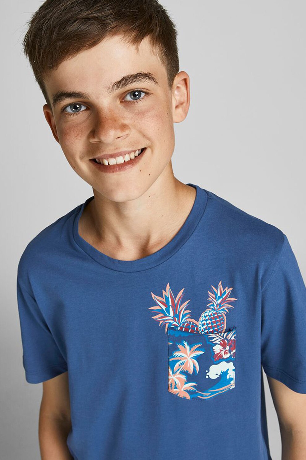 Jack&Jones, Tricou cu decolteu rotund si imprimeu grafic, Albastru