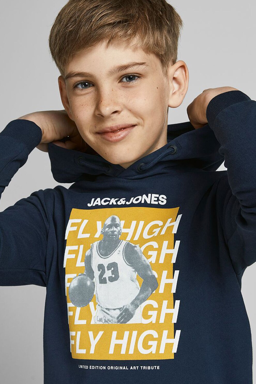 Jack&Jones, Hanorac din bumbac cu imprimeu, Bleumarin/Galben
