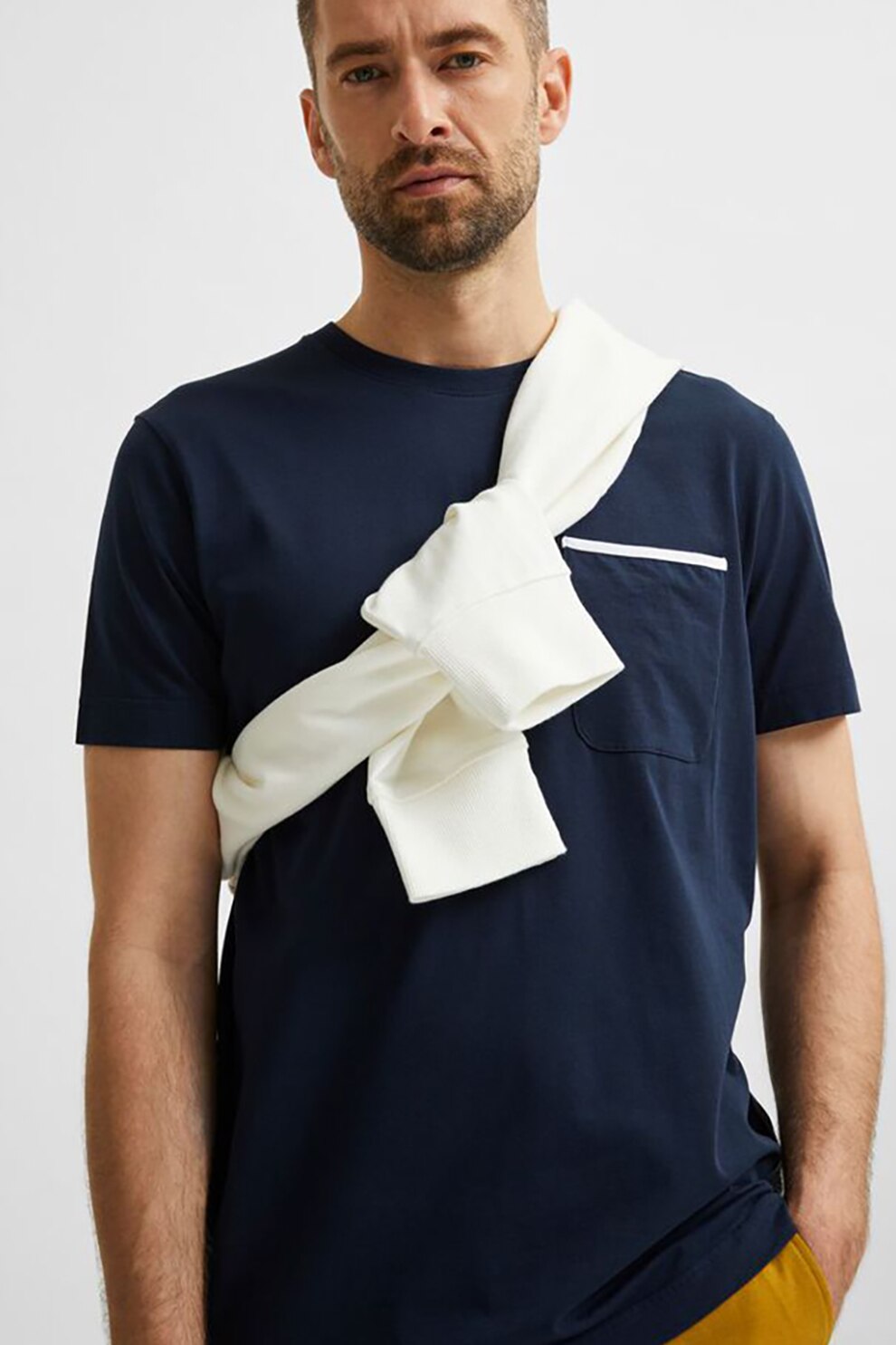 Selected Homme, Tricou din bumbac organic cu buzunar aplicat pe piept, Bleumarin