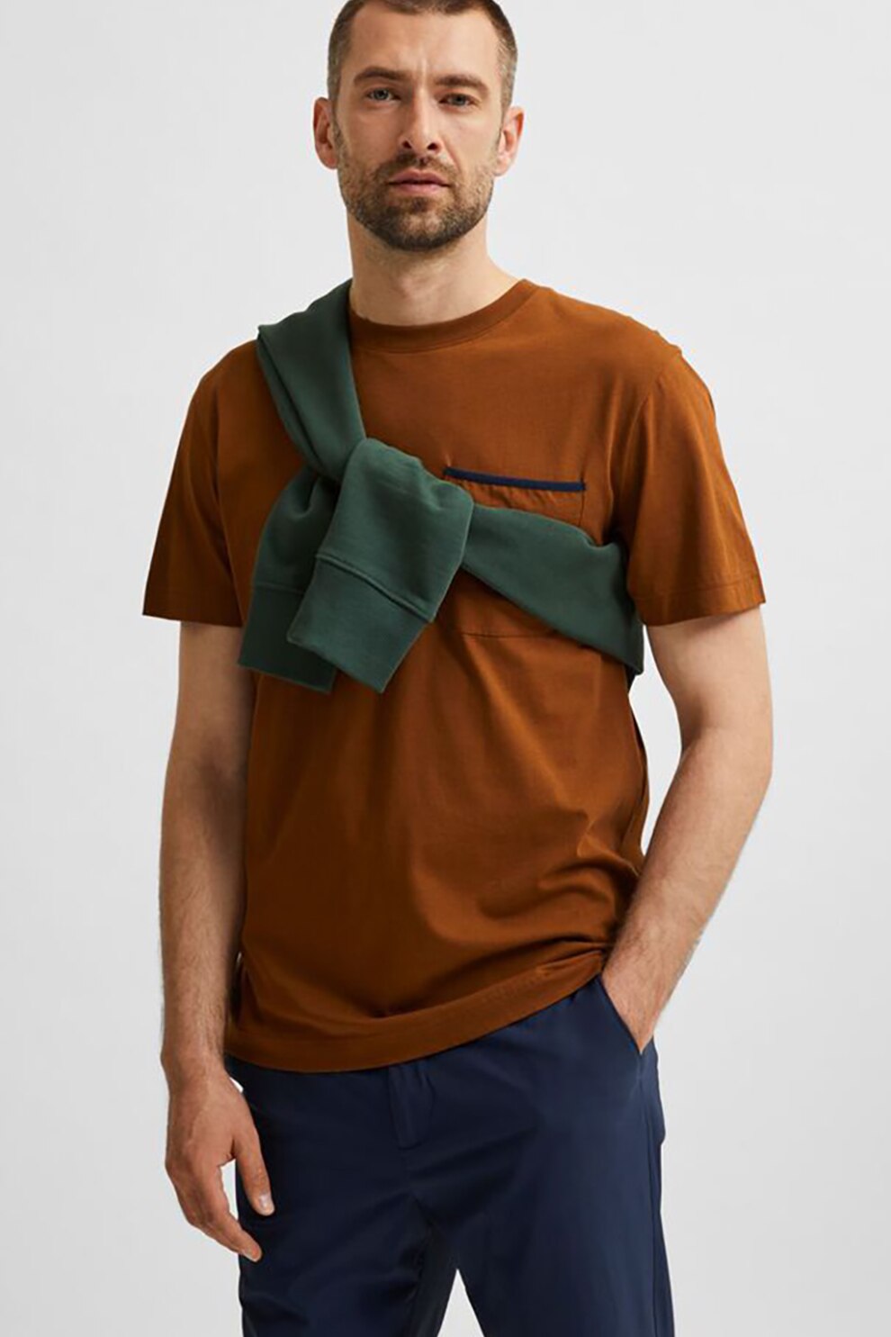 Selected Homme, Tricou din bumbac organic cu buzunar aplicat pe piept, Scortisoara