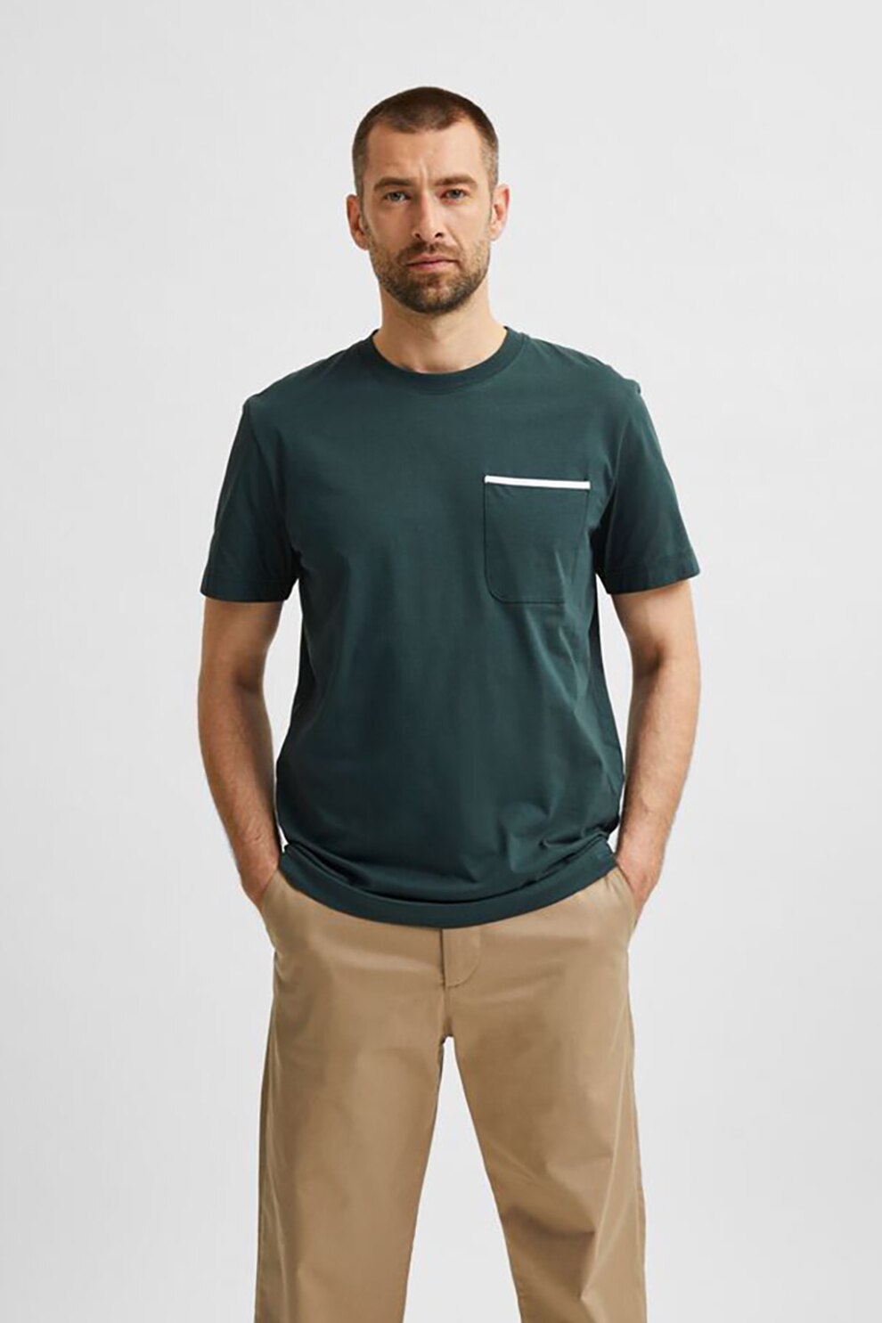 Selected Homme, Tricou din bumbac organic cu buzunar aplicat pe piept, Verde englez