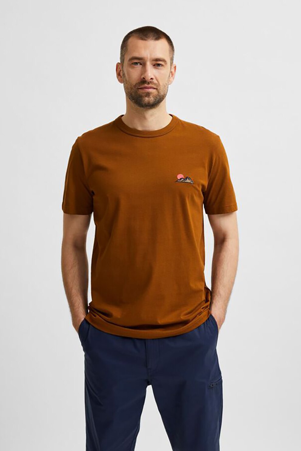 Selected Homme, Tricou din bumbac organic cu detaliu brodat Sierra, Ocru