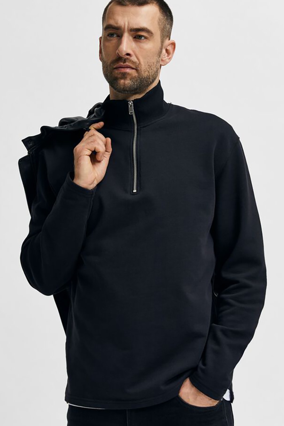 Selected Homme, Bluza sport cu maneci cazute si fenta cu fermoar, Black