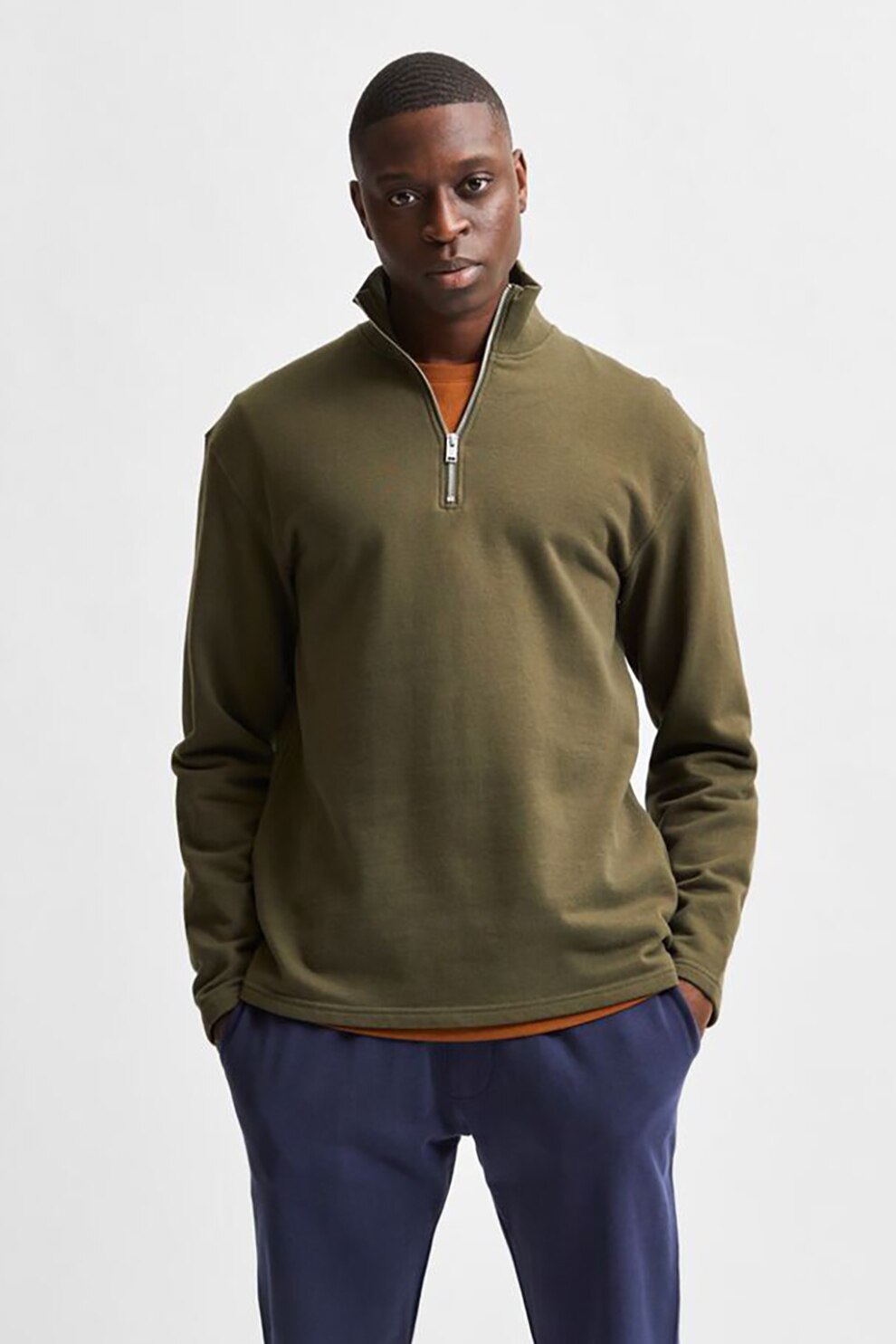 Selected Homme, Bluza sport cu maneci cazute si fenta cu fermoar, Verde oliv