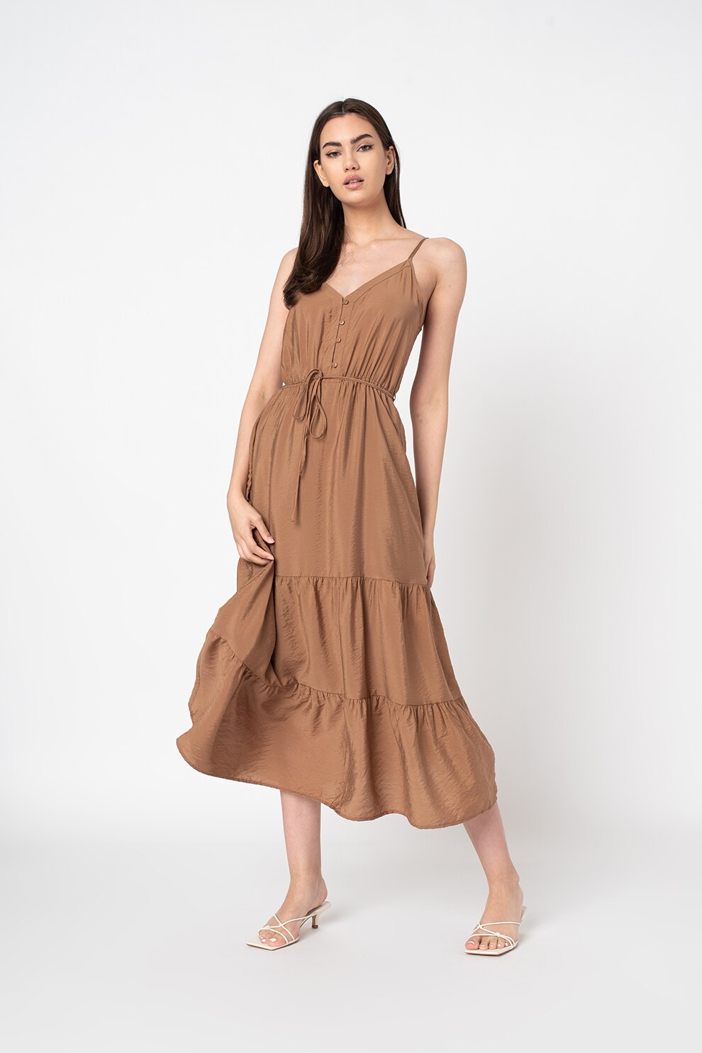 Only, Rochie midi evazata cu decolteu in V, Maro, S