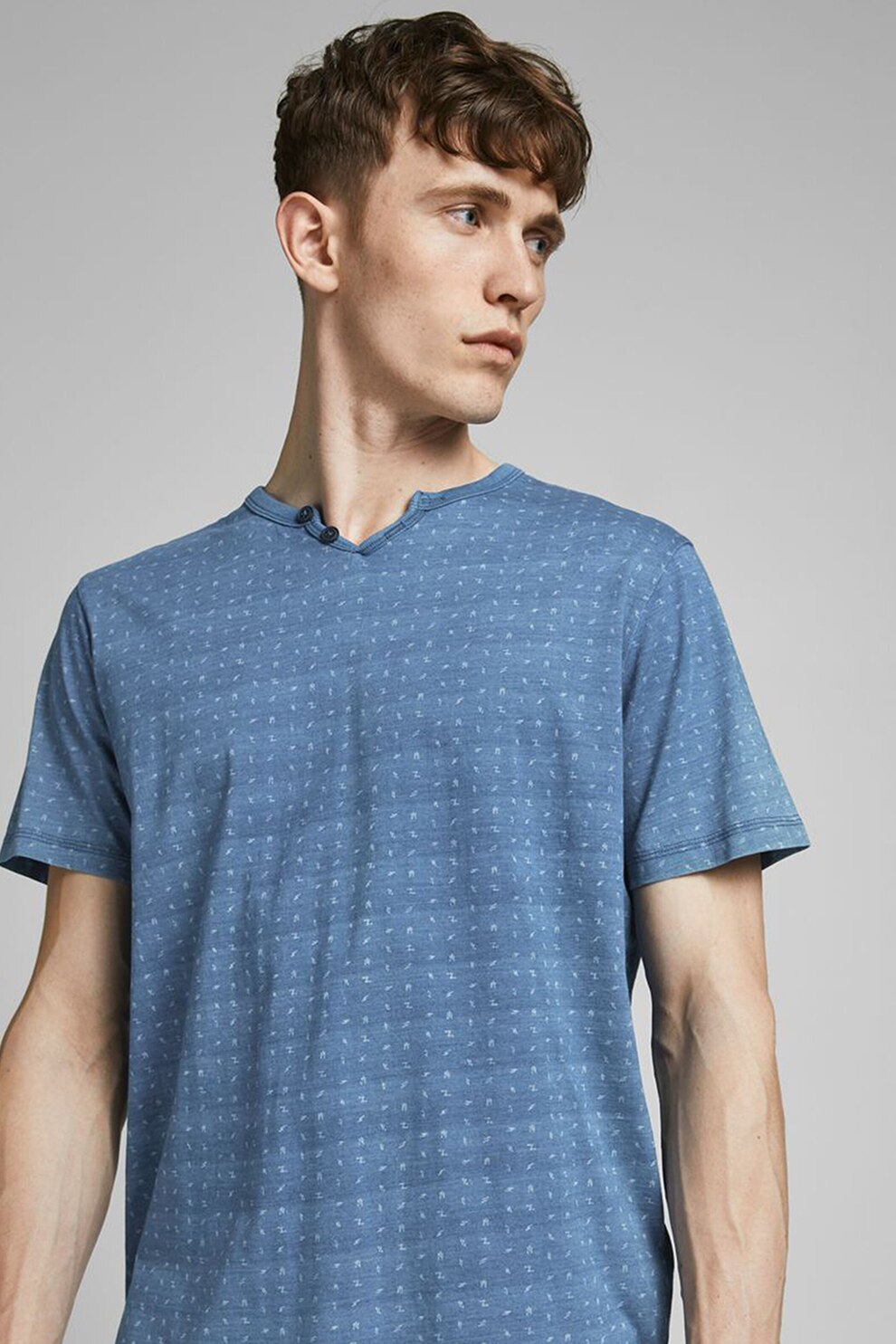 Jack&Jones, Tricou regular fit cu decolteu henley, Albastru lavanda