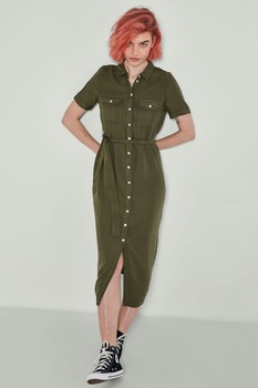 Noisy May, Rochie tip camasa cu buzunare pe piept, Verde militar, S Noisy May, Rochie tip camasa cu buzunare pe piept, Verde militar, S