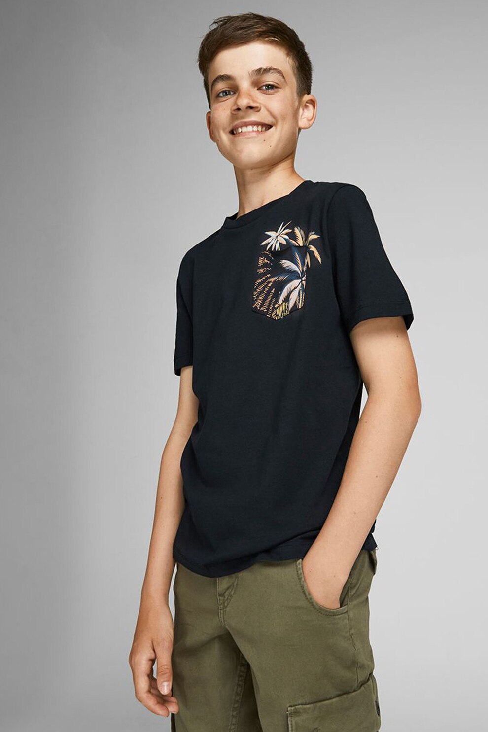 Jack&Jones, Tricou cu decolteu rotund si imprimeu grafic, Negru