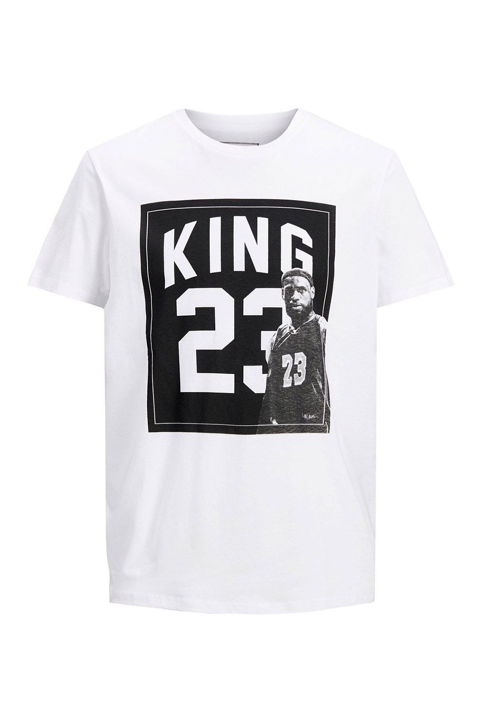 Jack&Jones, Tricou cu decolteu la baza gatului si imprimeu, Alb/Negru