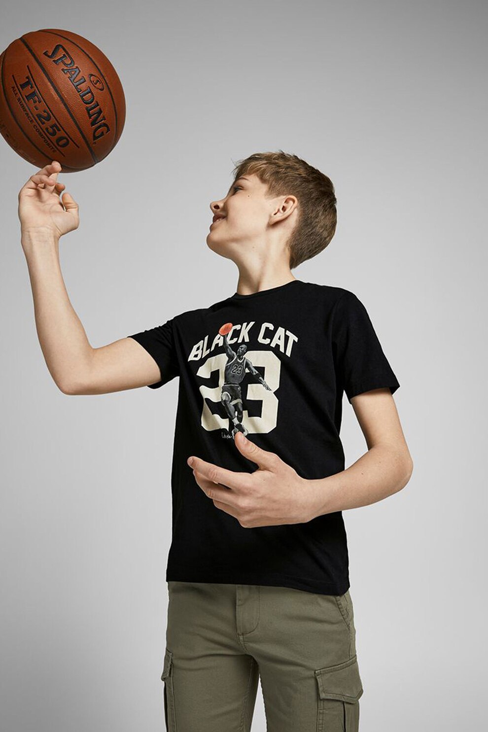 Jack&Jones, Tricou cu decolteu la baza gatului, imprimeu text si grafic Jungs, Negru