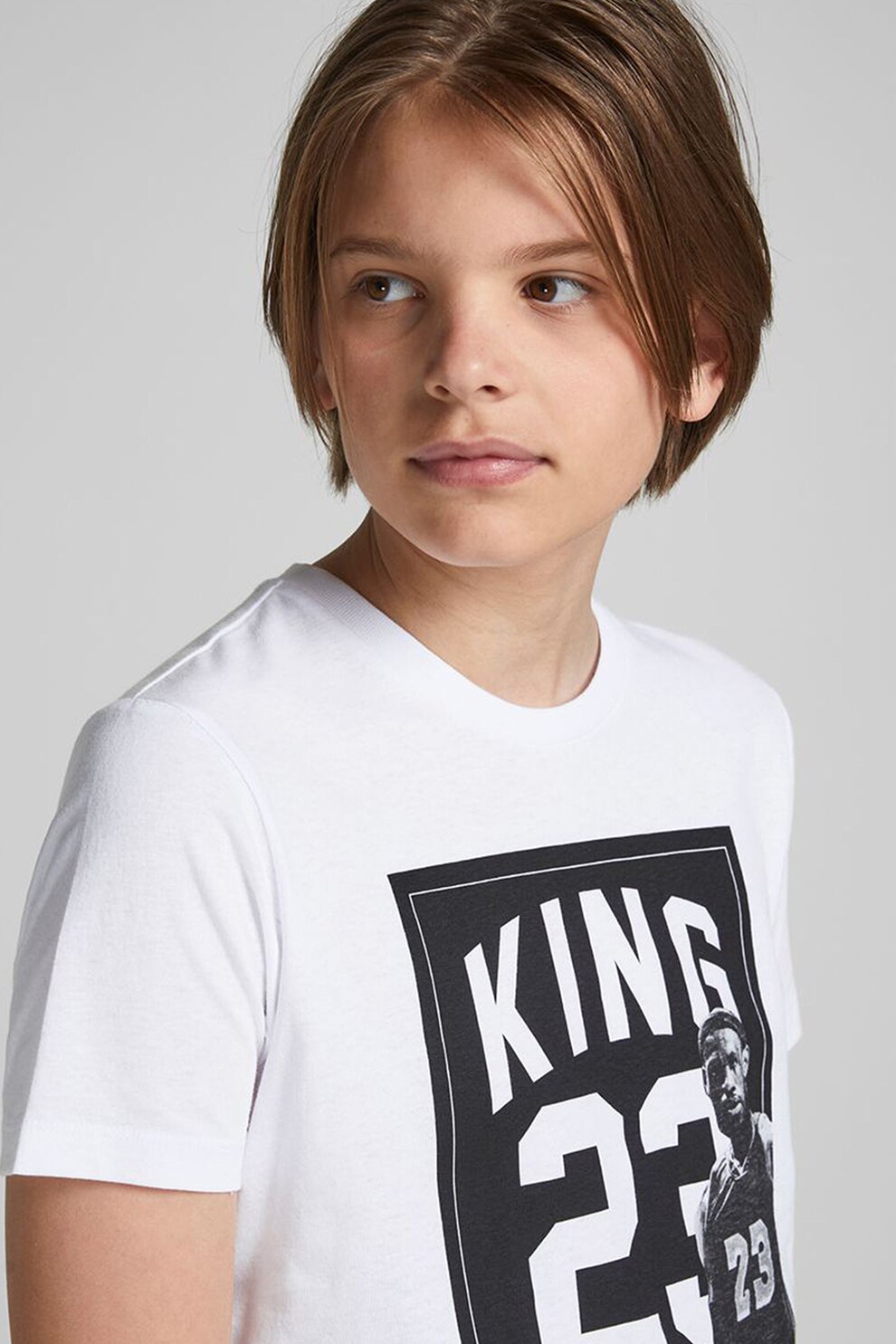 Jack&Jones, Tricou cu decolteu la baza gatului, imprimeu text si grafic Jungs, Alb/Negru