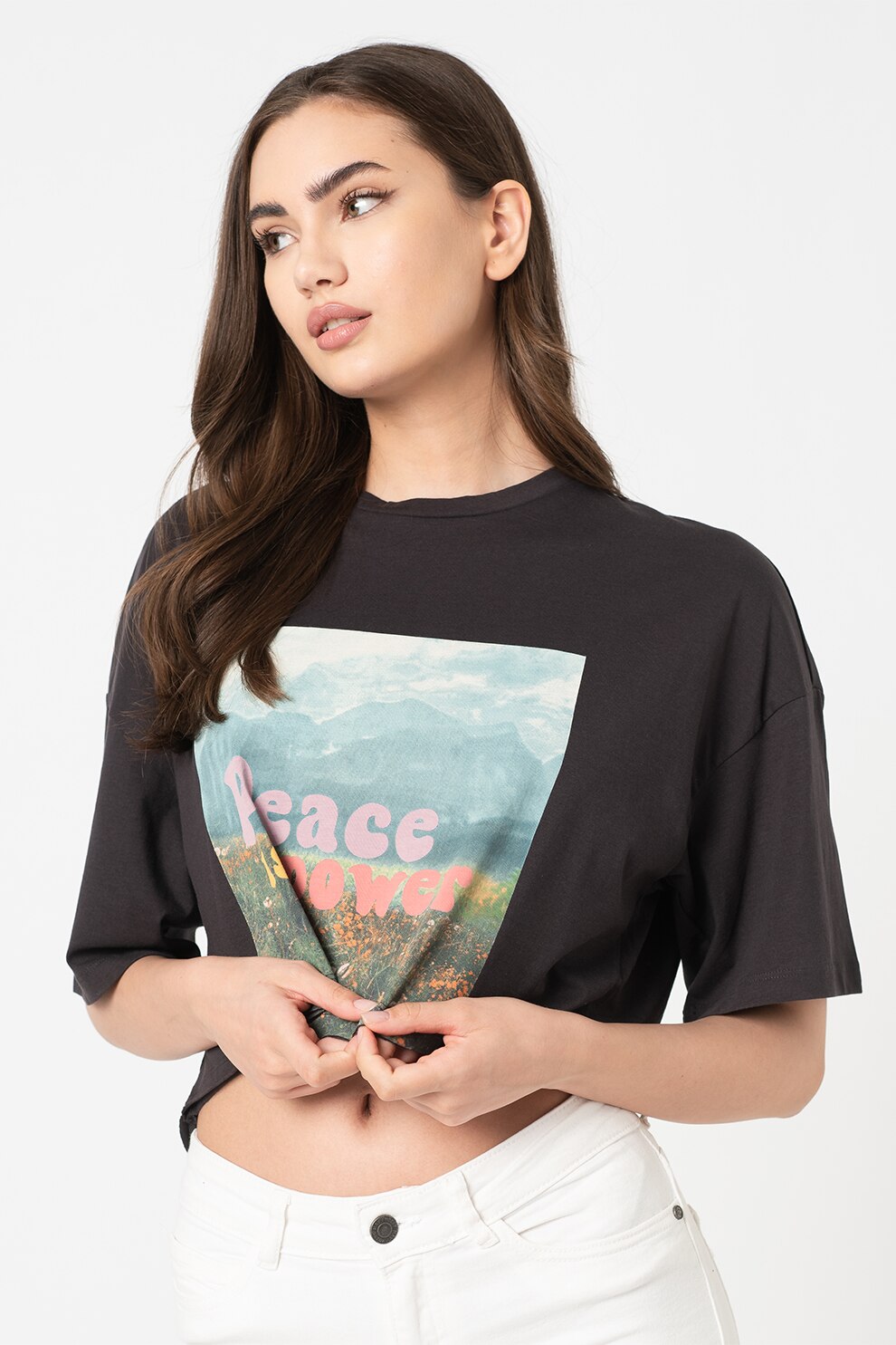 Noisy May, Tricou de bumbac organic cu imprimeu grafic Melanie, gri antracit, albastru, roz