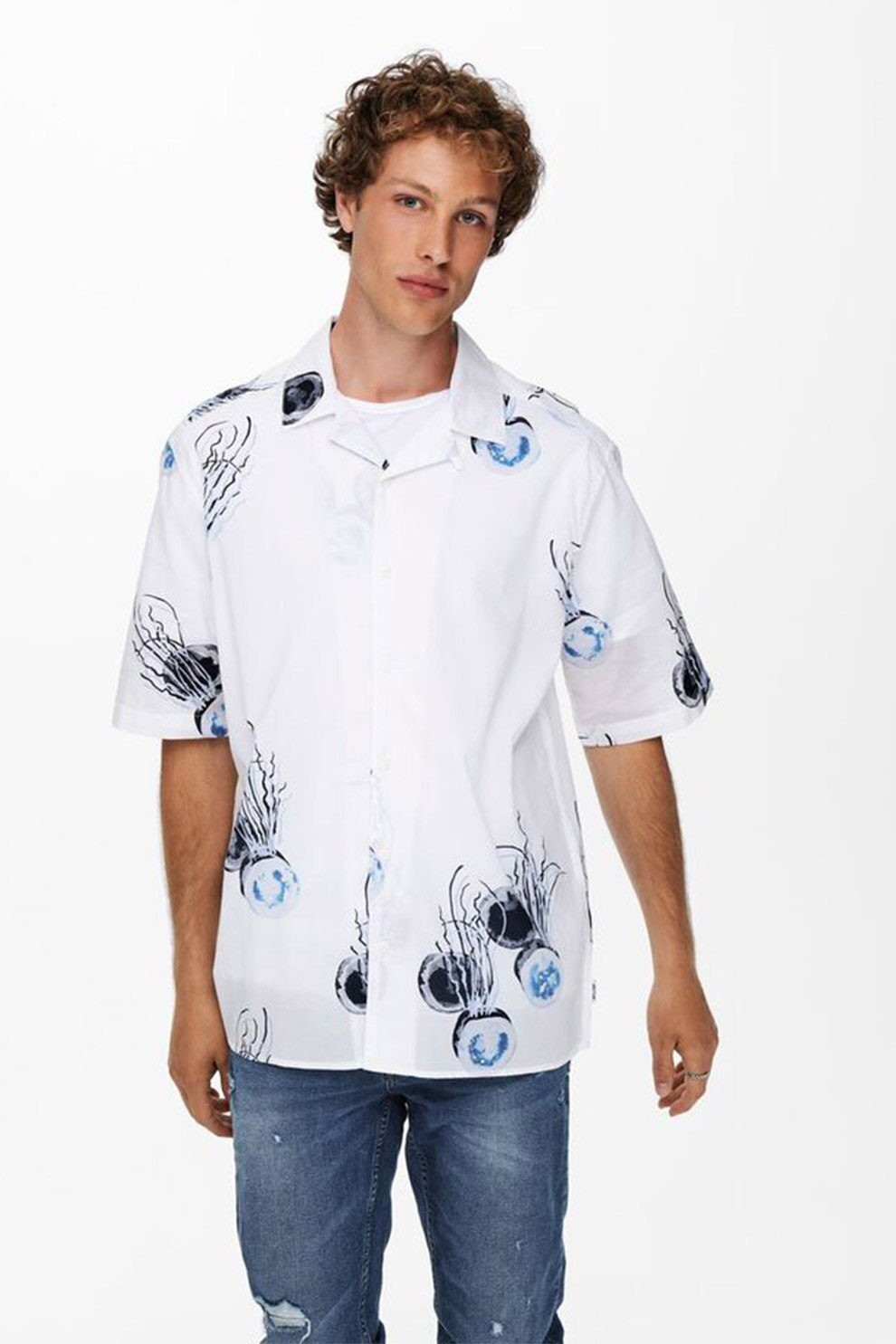 Only & Sons, Camasa regular fit cu imprimeu grafic, Alb/Bleumarin