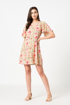 JdY, Rochie cu imprimeu floral si decolteu in V Daisy, Verde/Roz/Alb JdY, Rochie cu imprimeu floral si decolteu in V Daisy, Verde/Roz/Alb