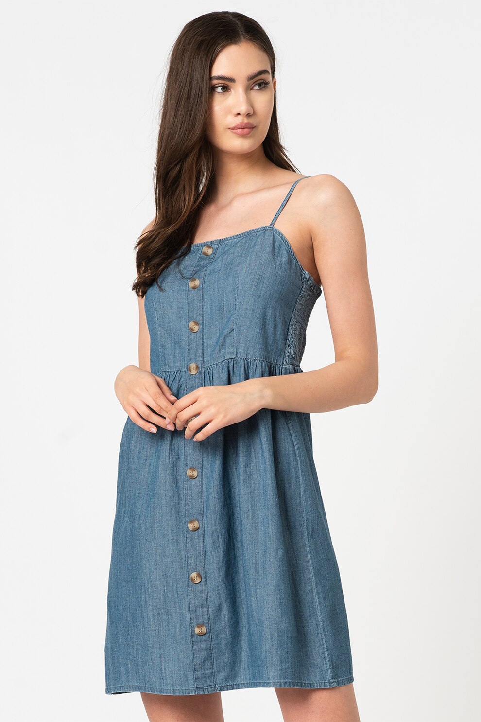 Only, Rochie de denim cu nasturi decorativi Shea, Albastru inchis