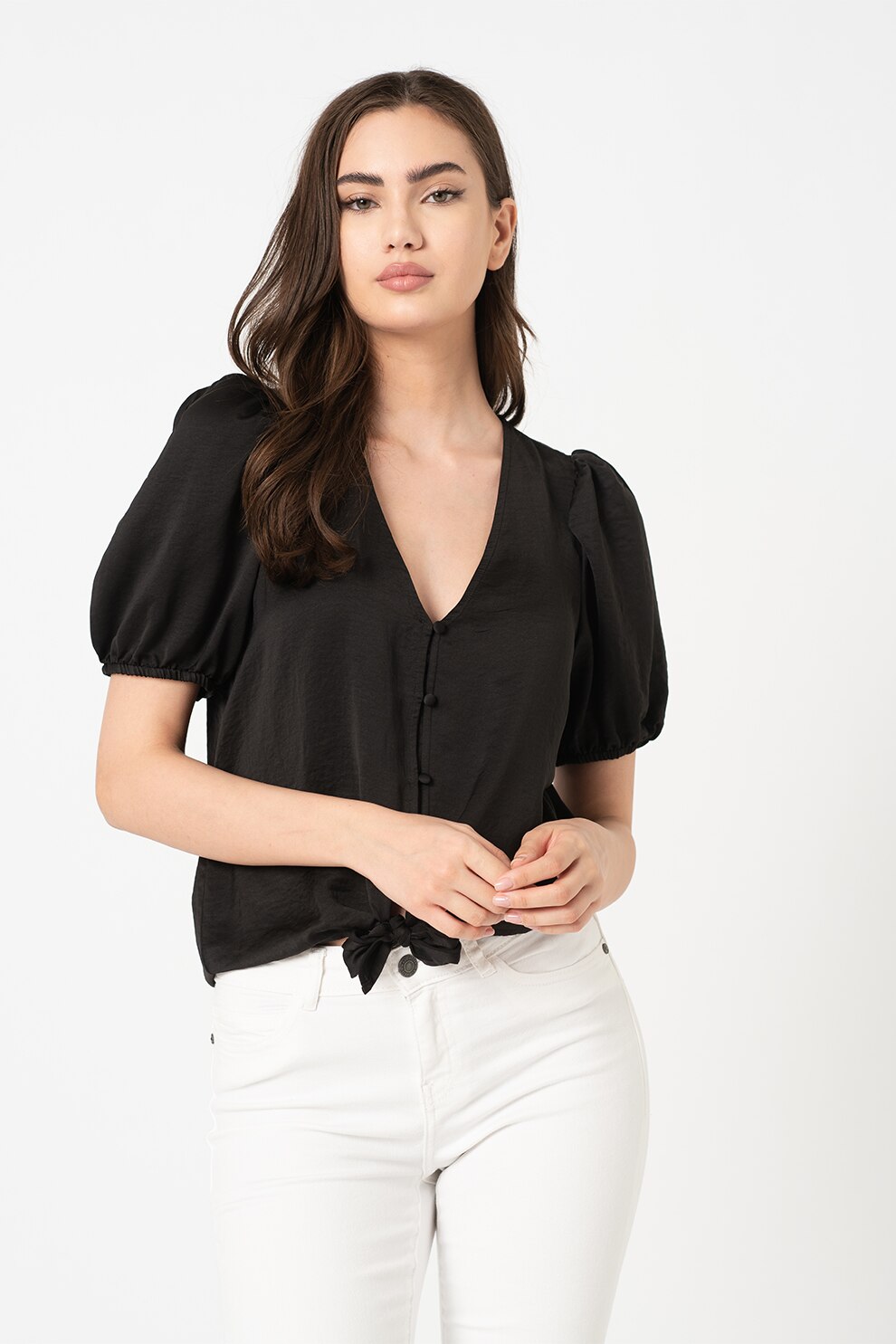 Vero Moda, Camasa cu maneci scurte si prindere frontala Sally, Negru