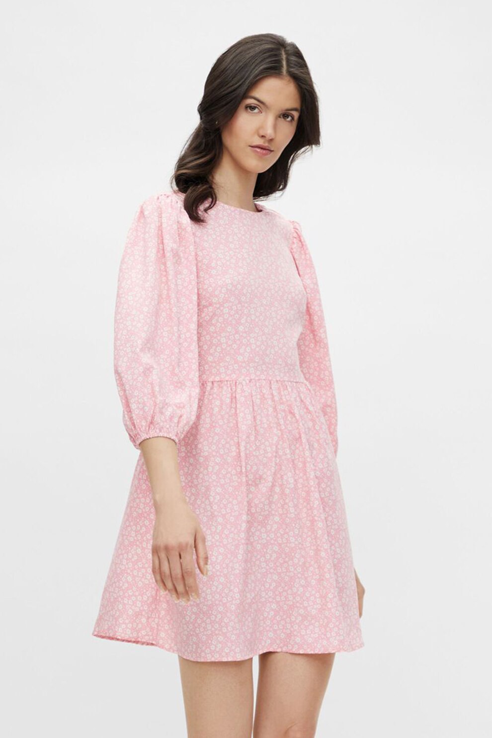 Pieces, Rochie cu imprimeu floral si maneci bufante, Roz