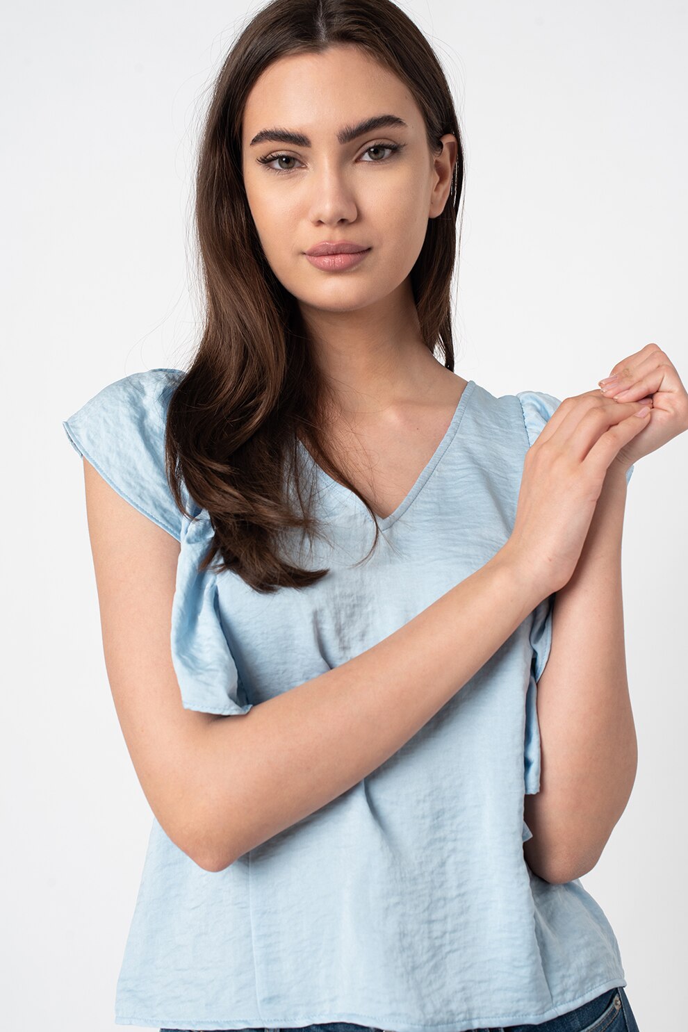 Vero Moda, Bluza de satin cu decolteu in V si volane, Albastru deschis
