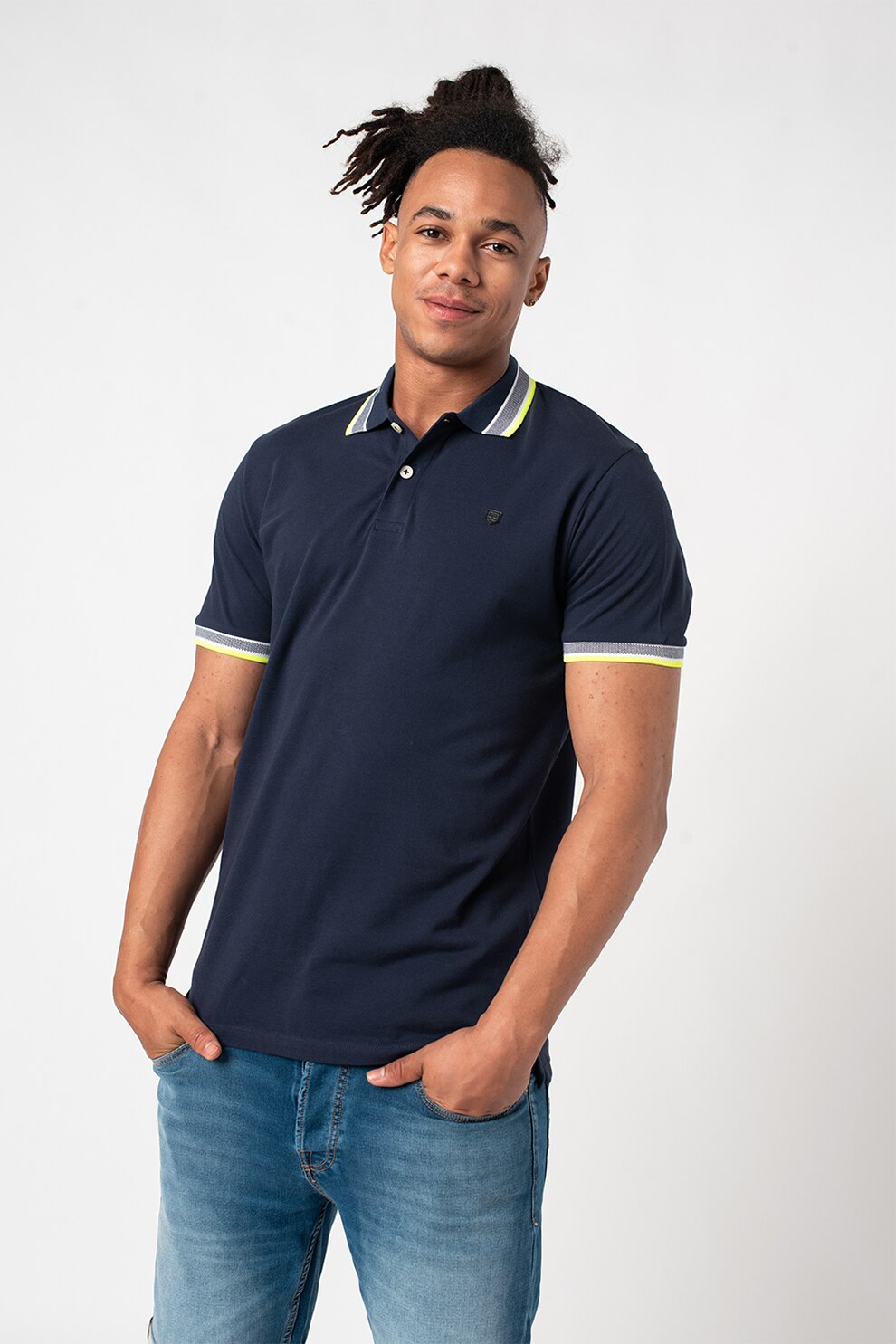 Jack&Jones, Tricou polo cu guler contrastant Neon Polo \, Bleumarin/alb/verde neon, S