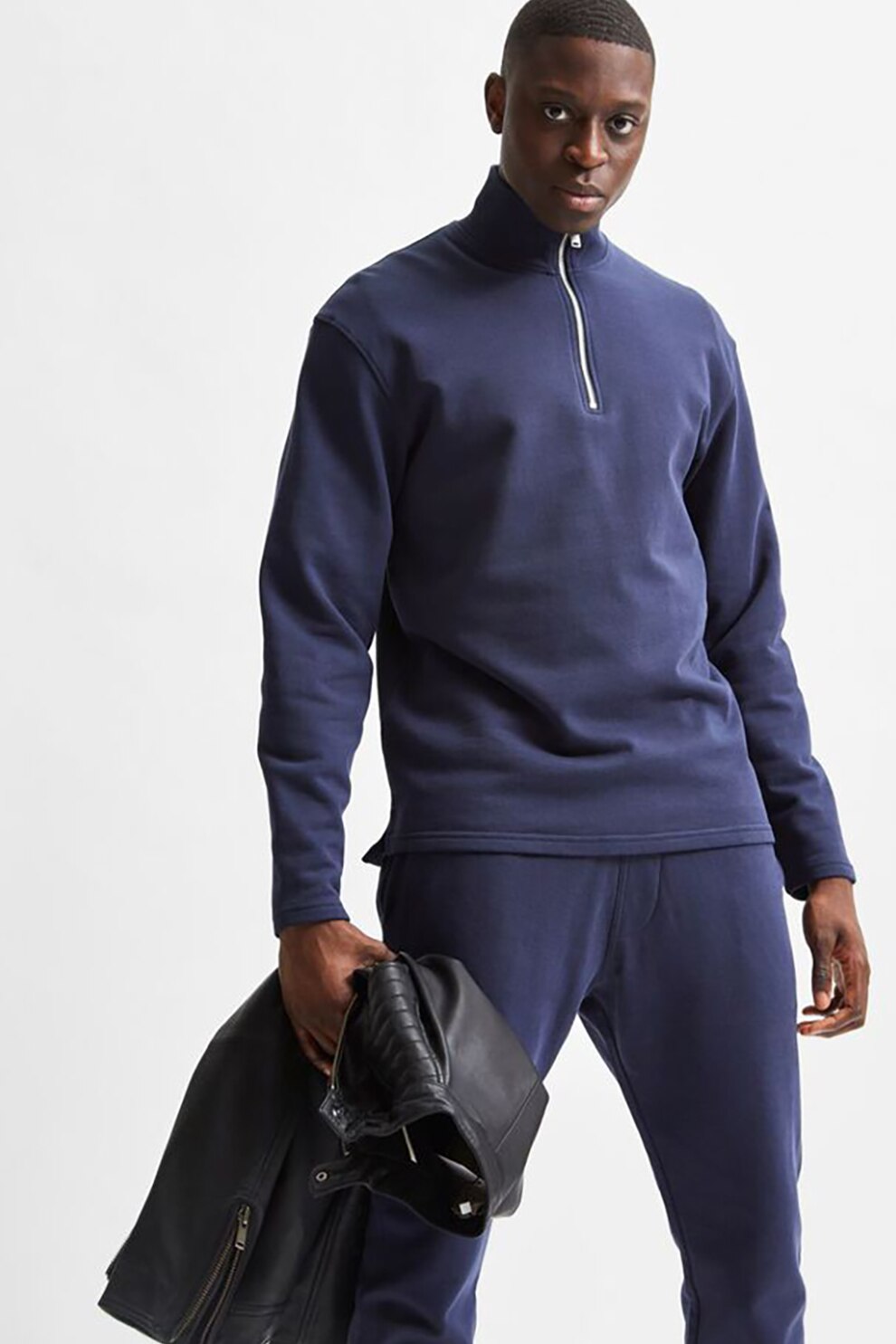 Selected Homme, Bluza sport cu maneci cazute si fenta cu fermoar, Indigo