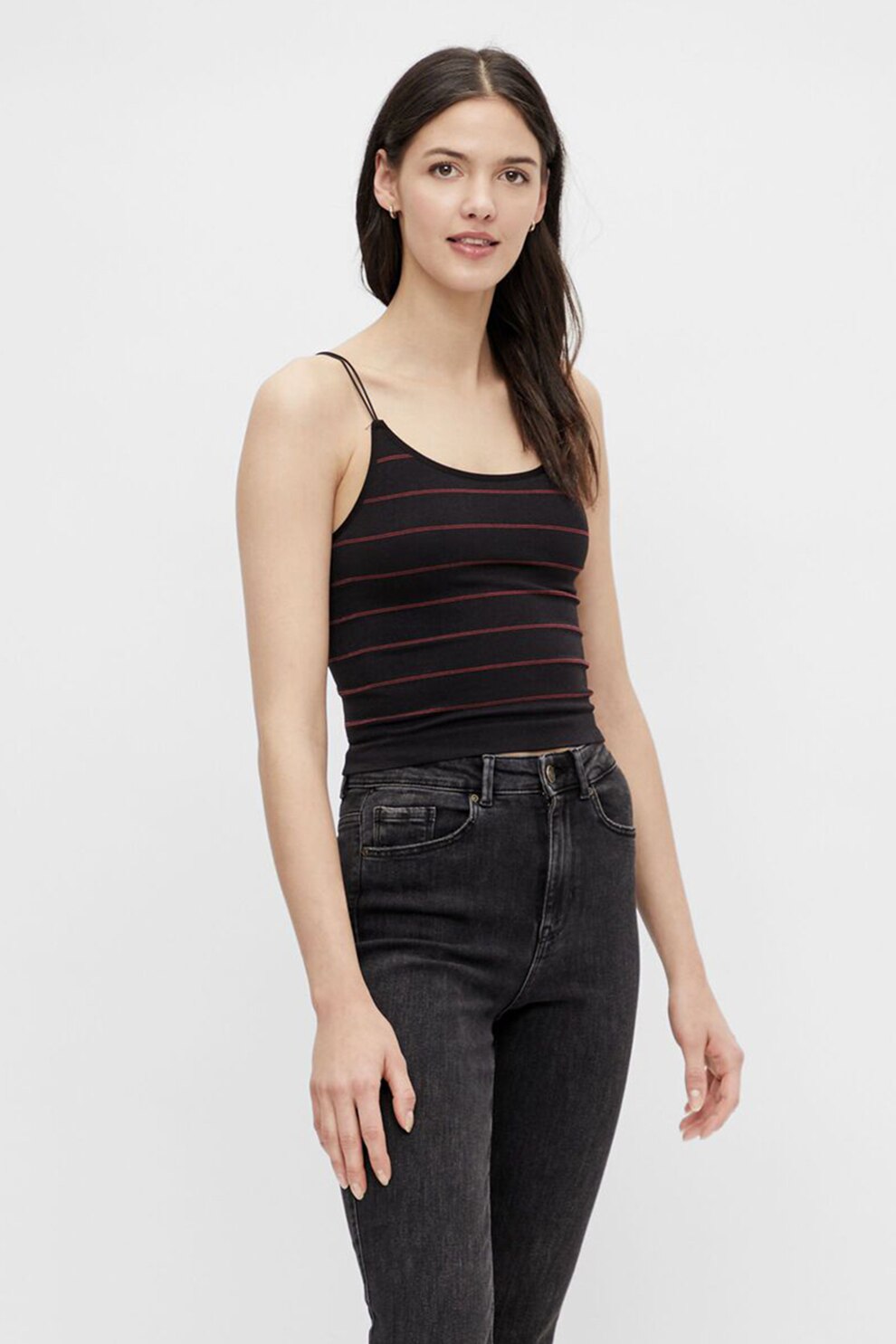 Pieces, Top crop cu dungi, Negru