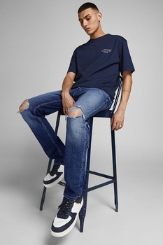 Jack&Jones, Blugi slim fit cu rupturi decorative Tim, Bleumarin, W29-L32 Jack&Jones, Blugi slim fit cu rupturi decorative Tim, Bleumarin, W29-L32