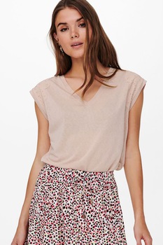 JdY, Tricou cu decolteu in V si garnituri brodate, Roz pal, S JdY, Tricou cu decolteu in V si garnituri brodate, Roz pal, S