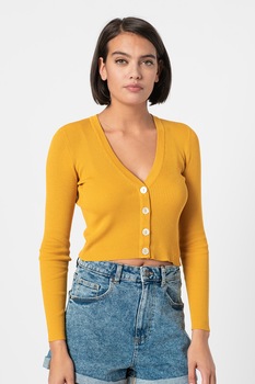 JdY, Cardigan crop cu aspect striat, Galben mustar JdY, Cardigan crop cu aspect striat, Galben mustar