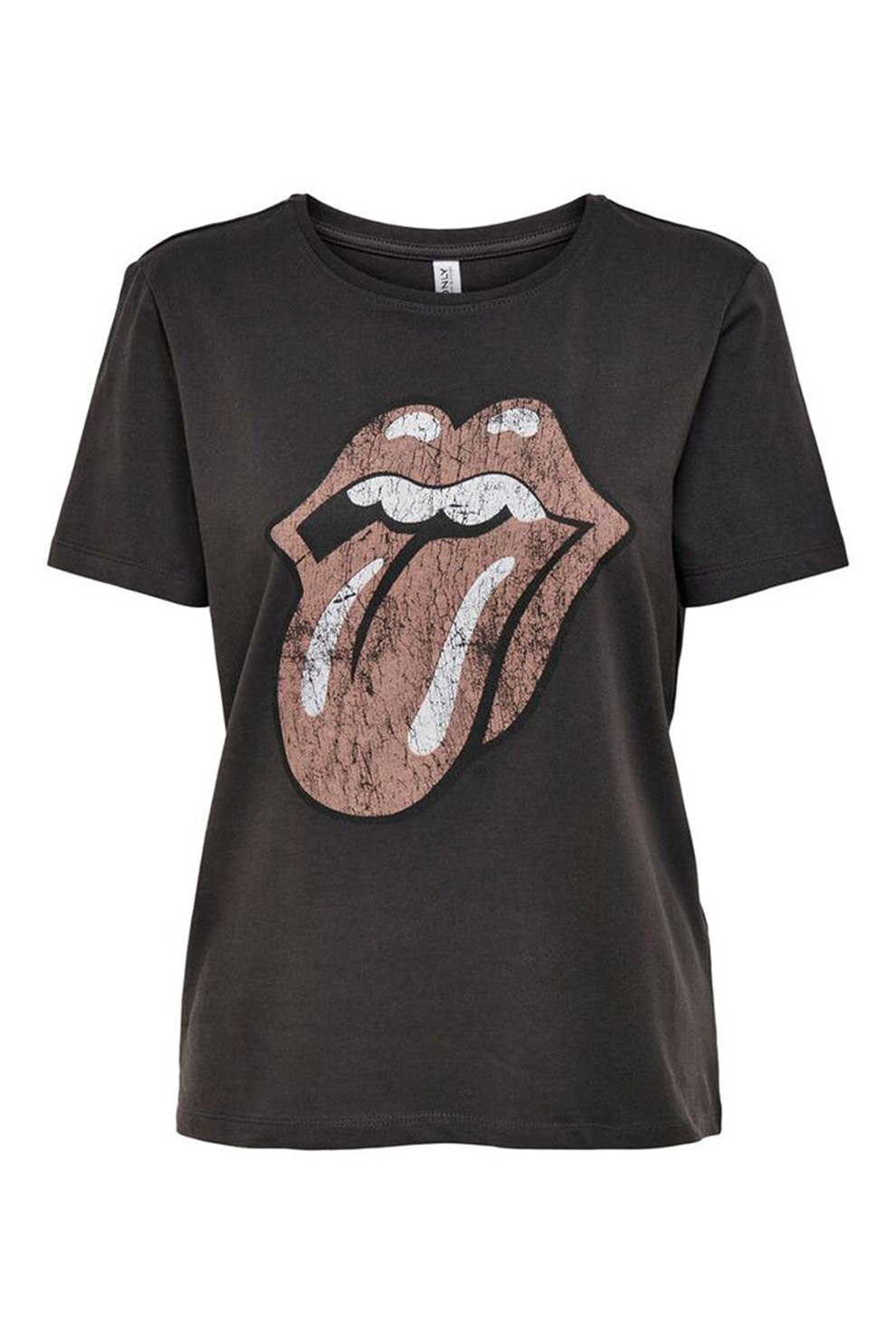 Only, Tricou cu decolteu la baza gatului si imprimeu, Gri inchis