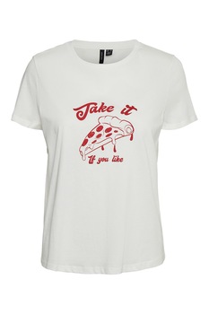 Vero Moda, Tricou din bumbac organic cu decolteu la baza gatului, Alb/Rosu Vero Moda, Tricou din bumbac organic cu decolteu la baza gatului, Alb/Rosu