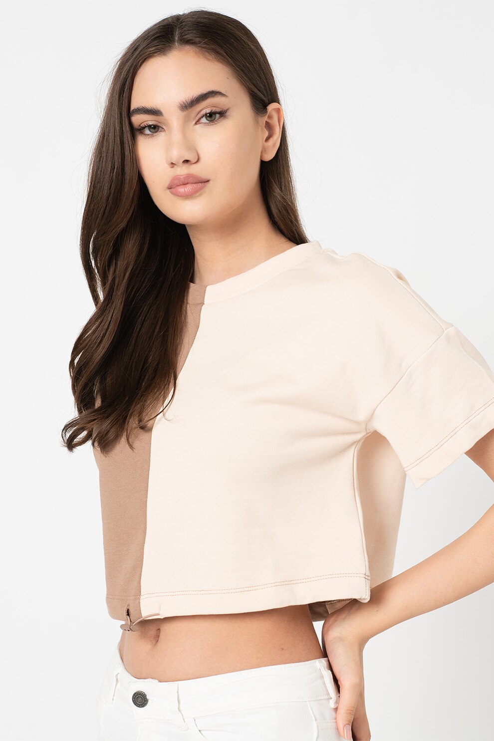 Noisy May, Tricou cu snur in talie Lenny, Maro camel/Roz pal