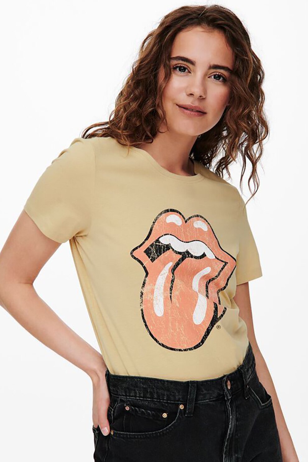 Only, Tricou cu decolteu la baza gatului si imprimeu, galben pal