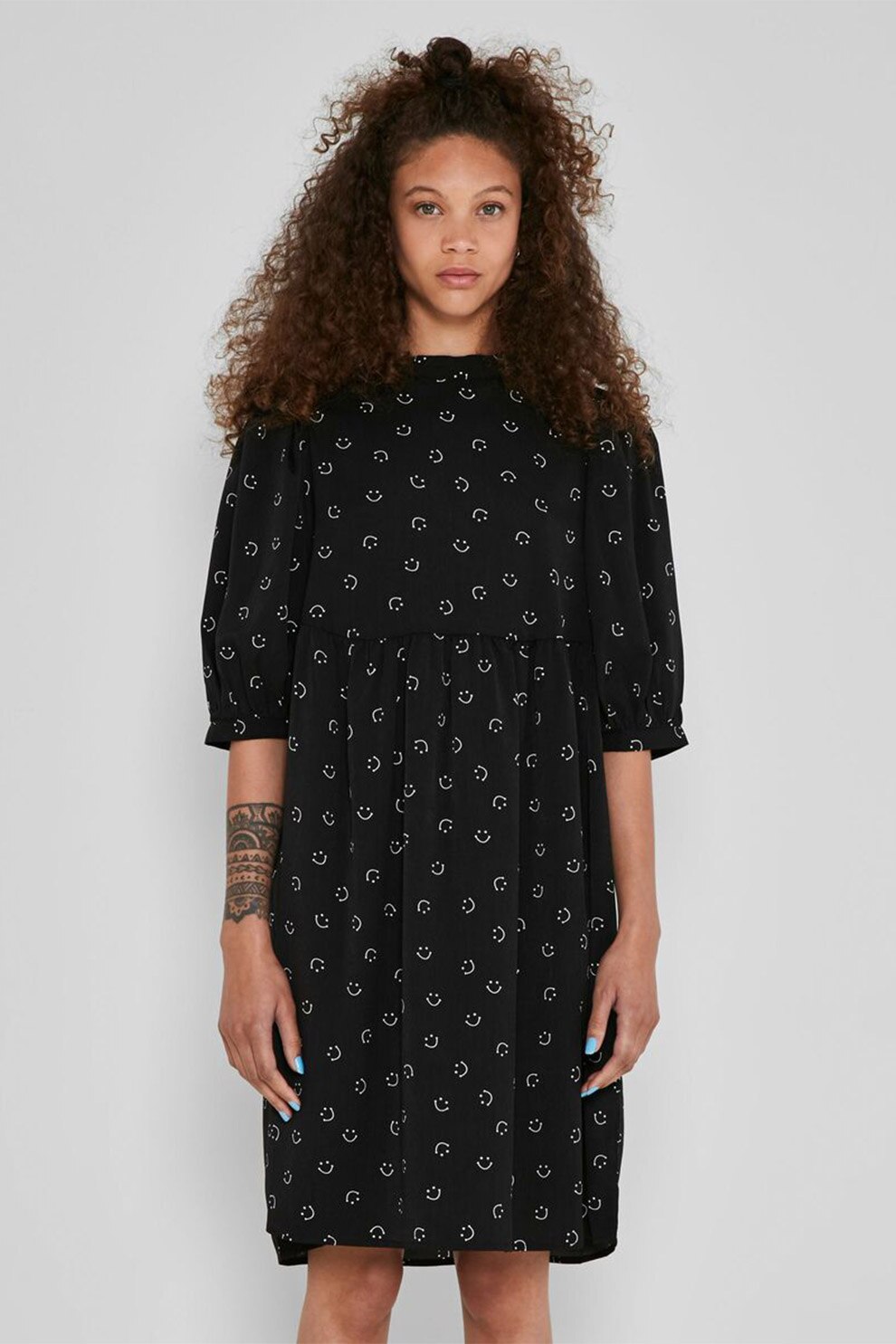 Noisy May, Rochie cu imprimeu si maneci bufante, Negru