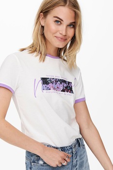 JdY, Tricou din bumbac cu decolteu la baza gatului si imprimeu, Alb/Lila JdY, Tricou din bumbac cu decolteu la baza gatului si imprimeu, Alb/Lila