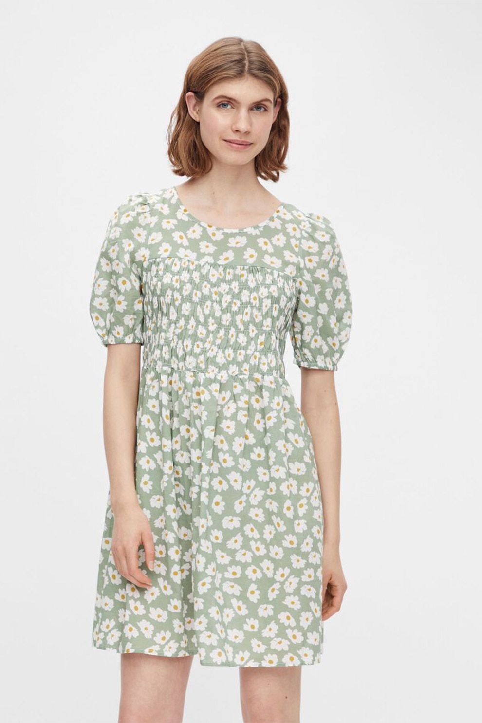 Pieces, Rochie cu imprimeu floral si talie cu snur, Verde pal/Galben