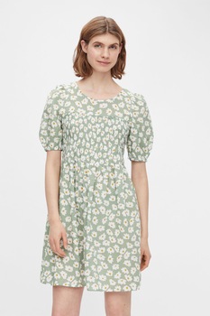 Pieces, Rochie cu imprimeu floral si talie cu snur, Verde pal/Galben Pieces, Rochie cu imprimeu floral si talie cu snur, Verde pal/Galben