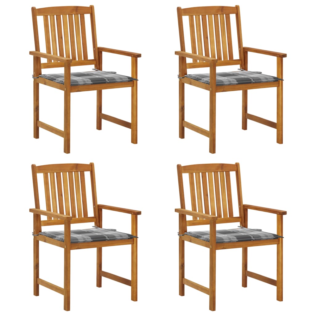 Set de 4 scaune de regizor, de gradina, cu perne, vidaXL, Lemn de acacia-poliester, 61 x 57 x 92 cm, Maro/Perne model carouri gri
